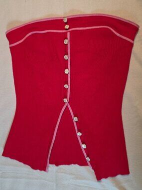 Rich & Famous Red Pink Ribbed Knit Button-Front Asymmetric Tube Top - XL